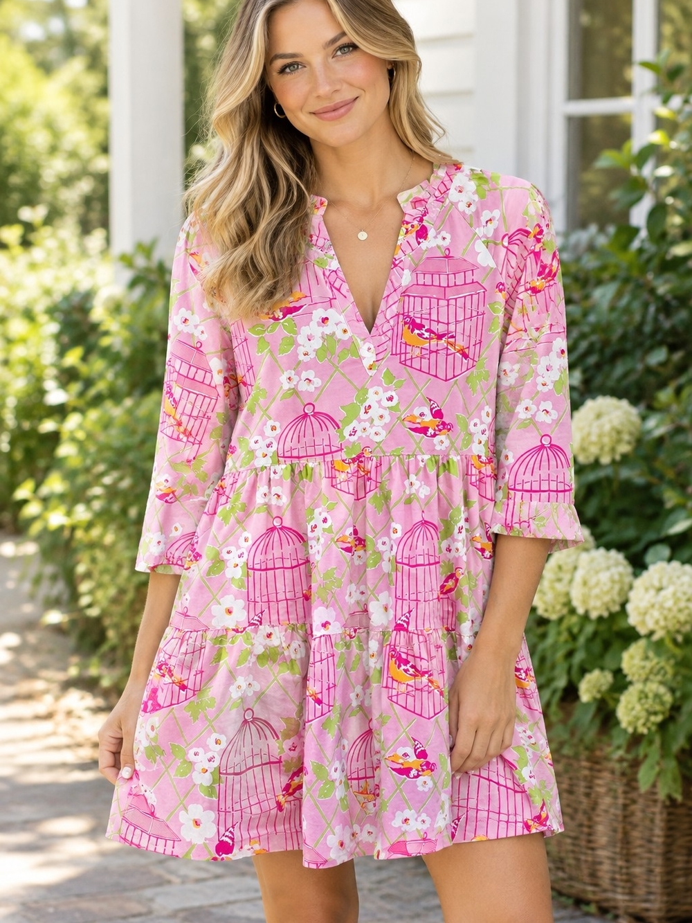 Spartina 449 Pink Floral Birdcage Tiered Mini Dress